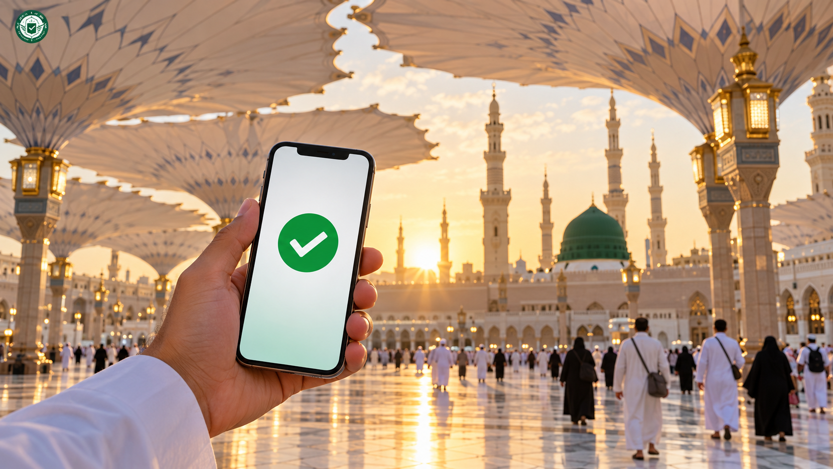 Masjid an-Nabawi courtyard in Madinah at sunrise with a phone showing an approved Umrah visa check mark