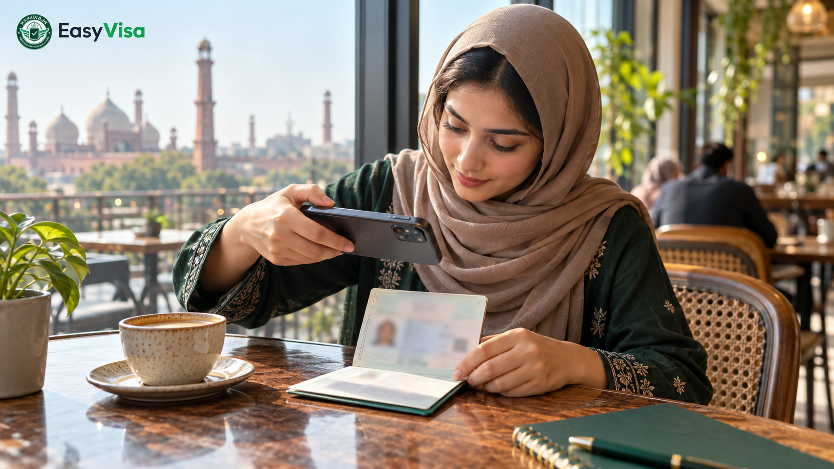 Pakistani woman sending passport details on her phone to Easy Visa for an Umrah visa