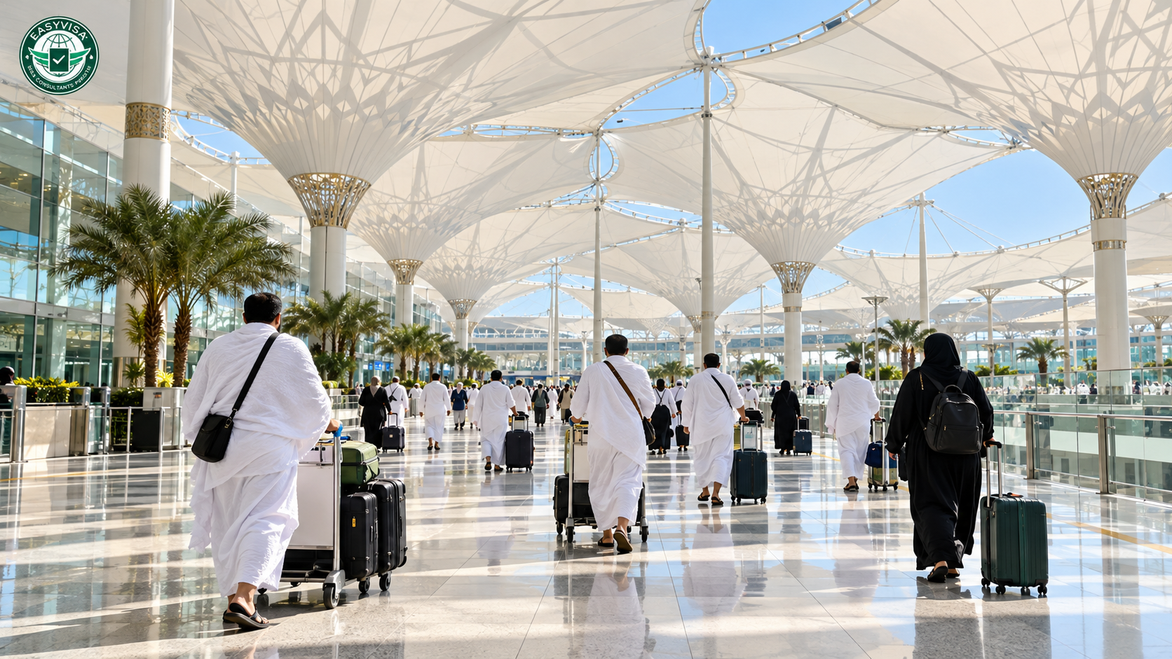 Umrah pilgrims in ihram with luggage trolleys under the canopy roof of a Saudi airport terminal after arriving from Pakistan