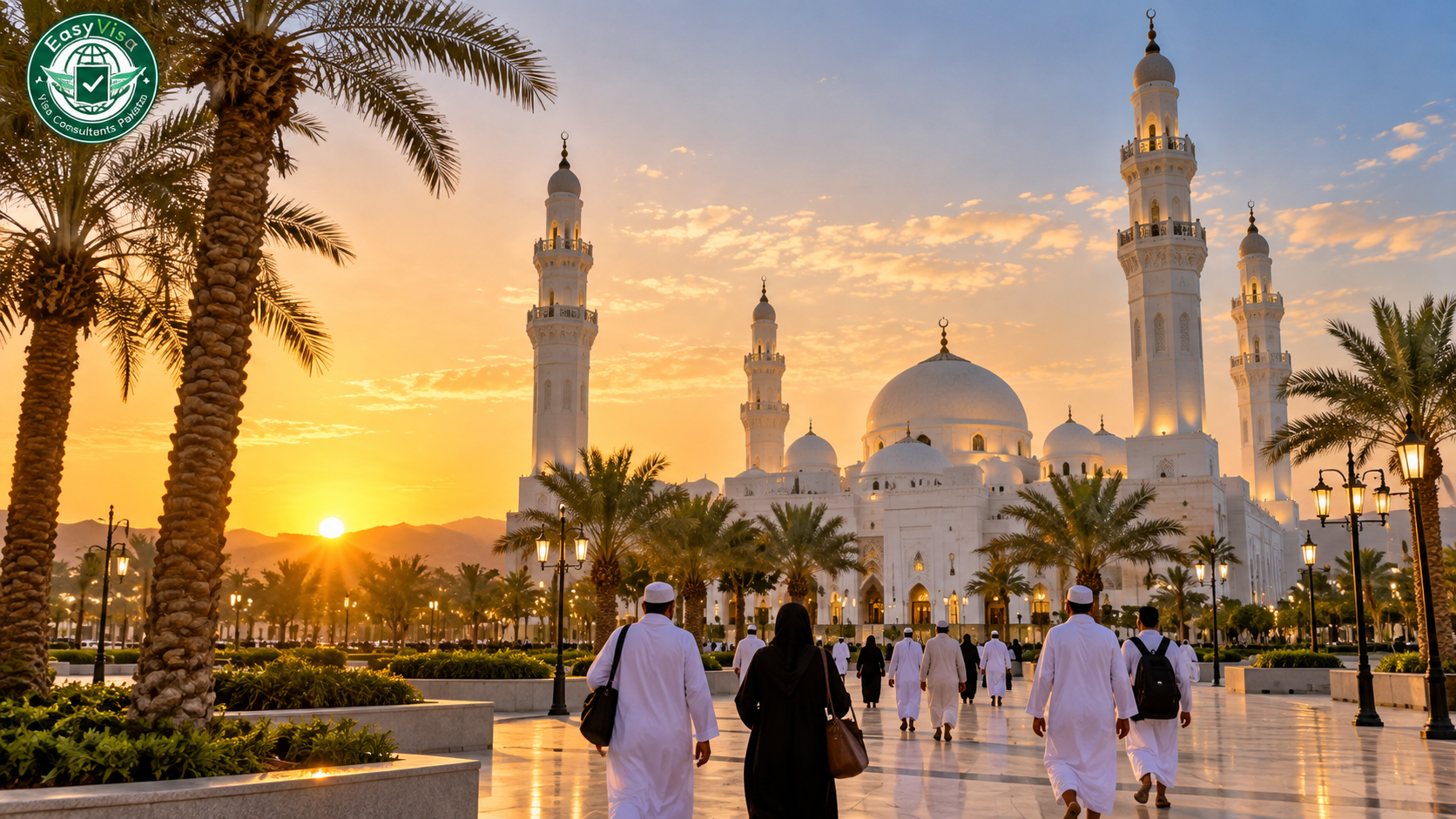Pilgrims walking toward a white mosque among palm trees in Madinah at golden hour - Umrah visa from Pakistan FAQs